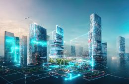 raster-illustration-metropolis-future-skyscrapers-neon-blue-glow-turquoise-telecommunication-tower-global-network-park-city-against-blue-sky-technology-concept-3d-artwork