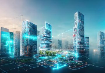 raster-illustration-metropolis-future-skyscrapers-neon-blue-glow-turquoise-telecommunication-tower-global-network-park-city-against-blue-sky-technology-concept-3d-artwork